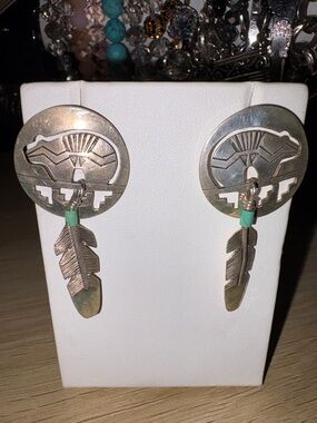 Sterling Silver Native-Inspired Feather Drop Earrings with Turquoise Accent